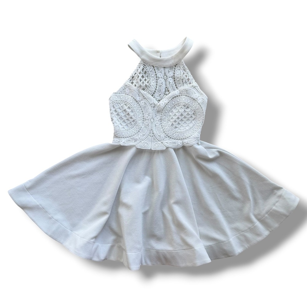 TRAC Women S White Crochet Lace Open Back Halter Skater Fit & Flare Dress Formal